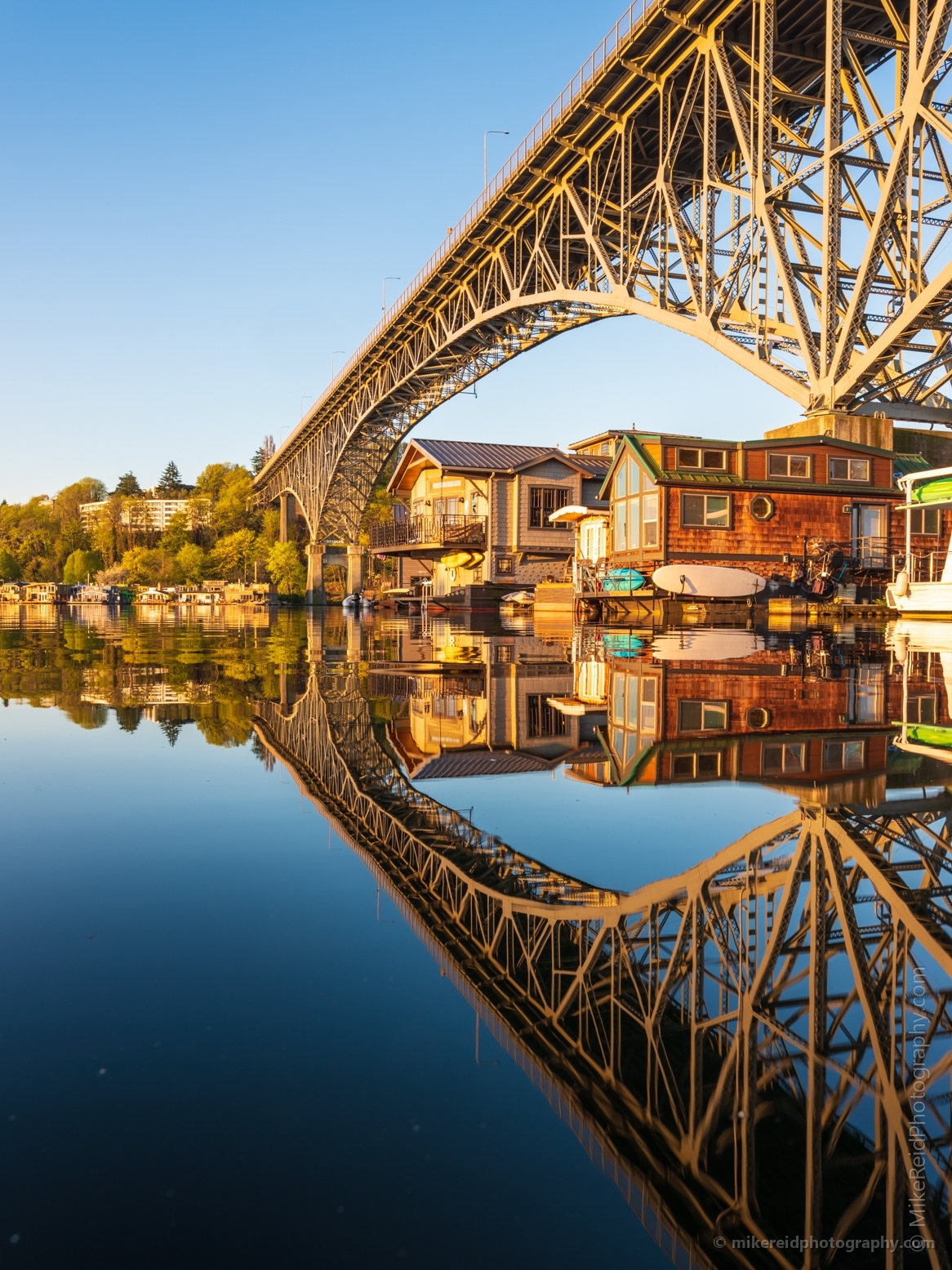 Seattle Lake Union Houseboats and Aurora Bridge Vertical Reflection