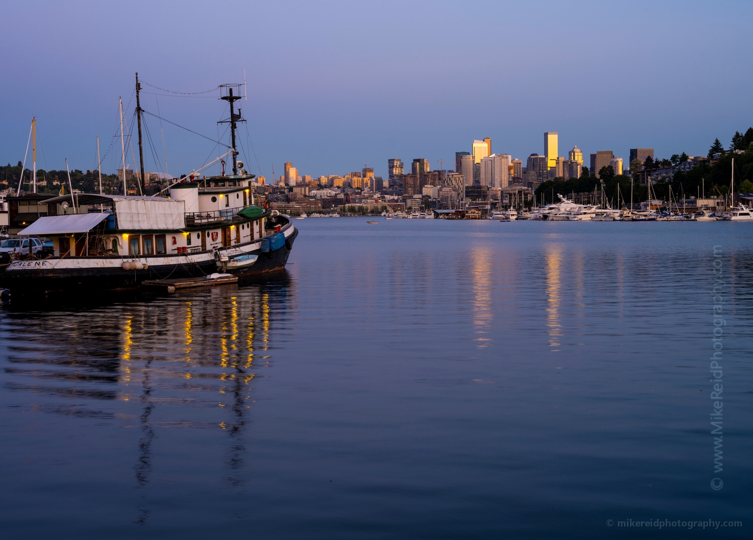 Seattle Skyline and Tug at Sunset
