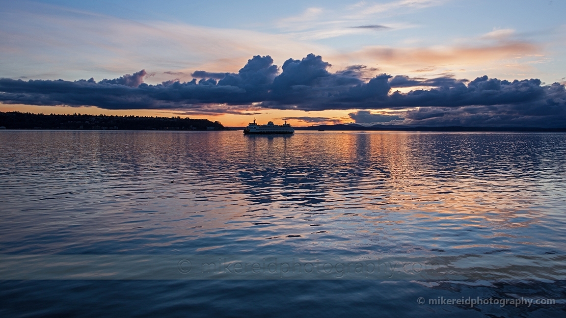 Ferry on Puget Sound Sunset Reflection