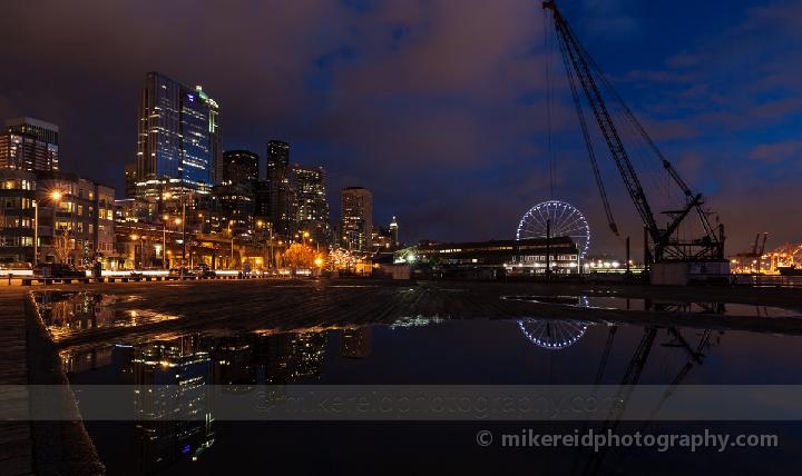 Dramatic Seattle Ferris Wheel Pier Reflection Sunset