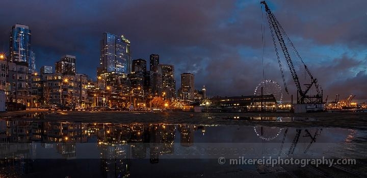 Dramatic Seattle Pier Ferris Wheel Reflection Sunset
