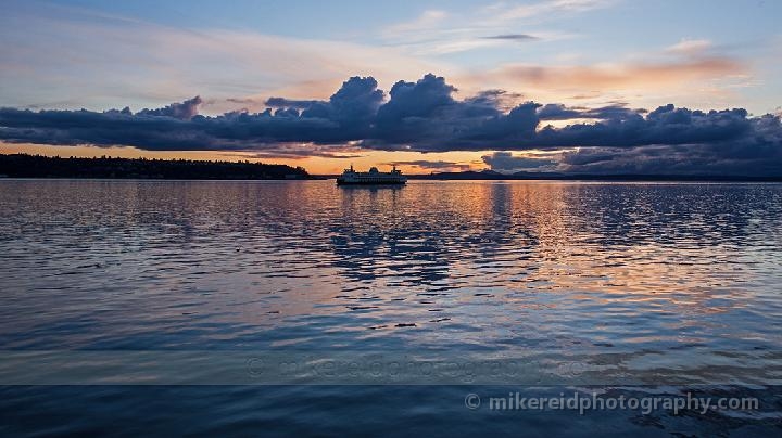 Ferry on Puget Sound Sunset Reflection