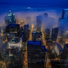 Blue Seattle Morning Fog To order a print please email me at  Mike Reid Photography : seattle, sky view observatory, svo, zeiss lenses, columbia center, urban, sunrise, fog, sunset, puget sound, elliott bay, space needle, northwest, washington, rainier