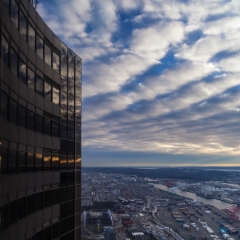 Columbia Center Clouds Reflected To order a print please email me at  Mike Reid Photography : seattle, sky view observatory, svo, zeiss lenses, columbia center, urban, sunrise, fog, sunset, puget sound, elliott bay, space needle, northwest, washington, rainier, baker