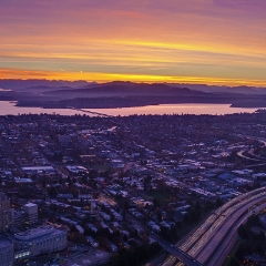 Columbia Center Sunrise View East To order a print please email me at  Mike Reid Photography : seattle, sky view observatory, svo, zeiss lenses, columbia center, urban, sunrise, fog, sunset, puget sound, elliott bay, space needle, northwest, washington, rainier