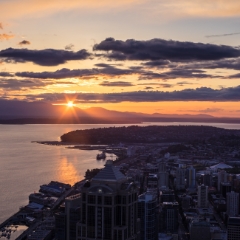 Columbia Center Sunset Rays To order a print please email me at  Mike Reid Photography : seattle, sky view observatory, svo, zeiss lenses, columbia center, urban, sunrise, fog, sunset, puget sound, elliott bay, space needle, northwest, washington, rainier