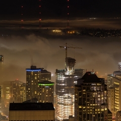 Foggy Seahawks Seattle Panorama To order a print please email me at  Mike Reid Photography : seattle, sky view observatory, svo, zeiss lenses, columbia center, urban, sunrise, sunset, puget sound, elliott bay, space needle, northwest, washington, rainier, baker, fog, panorama