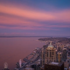 Seattle Photography City Sunrise Glow To order a print please email me at  Mike Reid Photography : seattle, sky view observatory, svo, zeiss lenses, columbia center, urban, sunrise, fog, sunset, puget sound, elliott bay, space needle, northwest, washington, rainier, baker, ferry, seattle storm