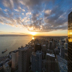 Seattle Photography Dazzling Skies Reflected in the Columbia Center To order a print please email me at  Mike Reid Photography : seattle, sky view observatory, svo, zeiss lenses, columbia center, urban, sunrise, fog, sunset, puget sound, elliott bay, space needle, northwest, washington, rainier, baker, ferry, seattle storm