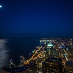 Seattle Photography Moonset Light To order a print please email me at  Mike Reid Photography : seattle, sky view observatory, svo, zeiss lenses, columbia center, urban, sunrise, fog, sunset, puget sound, elliott bay, space needle, northwest, washington, rainier, baker, ferry, seattle storm
