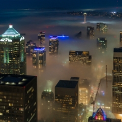 Seattle Photography Night City in the Clouds To order a print please email me at  Mike Reid Photography : seattle, sky view observatory, svo, zeiss lenses, columbia center, urban, sunrise, fog, sunset, puget sound, elliott bay, space needle, northwest, washington, rainier