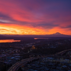 Seattle Photography Rainier Fiery Sunrise Cityscape and Freeways To order a print please email me at  Mike Reid Photography : seattle, sky view observatory, svo, zeiss lenses, columbia center, urban, sunrise, fog, sunset, puget sound, elliott bay, space needle, northwest, washington, rainier, baker, ferry, seattle storm