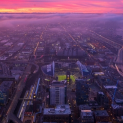 Seattle Photography SODO Stadium Sunrise and Flowing Traffic To order a print please email me at  Mike Reid Photography : seattle, sky view observatory, svo, zeiss lenses, columbia center, urban, sunrise, fog, sunset, puget sound, elliott bay, space needle, northwest, washington, rainier