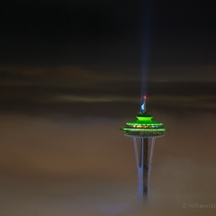 Seattle Photography Space Needle Above the Fog Seahawks Colors To order a print please email me at  Mike Reid Photography : seattle, sky view observatory, svo, zeiss lenses, columbia center, urban, sunrise, fog, sunset, puget sound, elliott bay, space needle, northwest, washington, rainier, baker, ferry, seattle storm, seahawks