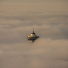 Seattle Photography Space Needle in the Clouds To order a print please email me at  Mike Reid Photography : seattle, sky view observatory, svo, zeiss lenses, columbia center, urban, sunrise, fog, sunset, puget sound, elliott bay, space needle, northwest, washington, rainier