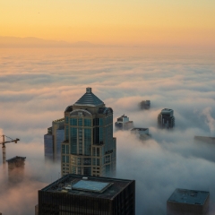 Seattle Photography Space Needleand Downtown in the Clouds at Sunset To order a print please email me at  Mike Reid Photography : seattle, sky view observatory, svo, zeiss lenses, columbia center, urban, sunrise, fog, sunset, puget sound, elliott bay, space needle, northwest, washington, rainier