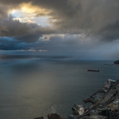 Seattle Photography Sun Rays to Rain Squalls Panorama To order a print please email me at  Mike Reid Photography : seattle, sky view observatory, svo, zeiss lenses, columbia center, urban, sunrise, fog, sunset, puget sound, elliott bay, space needle, northwest, washington, rainier, baker, ferry, seattle storm