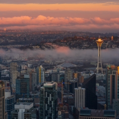 Seattle Photography Winter Dawn Space Needle To order a print please email me at  Mike Reid Photography : seattle, sky view observatory, svo, zeiss lenses, columbia center, urban, sunrise, fog, sunset, puget sound, elliott bay, space needle, northwest, washington, rainier