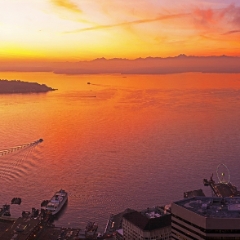 Seattle Sunset Wide View To order a print please email me at  Mike Reid Photography : seattle, sky view observatory, svo, zeiss lenses, columbia center, urban, sunrise, fog, sunset, puget sound, elliott bay, space needle, northwest, washington, rainier