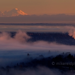 UW and Mount Baker Sunrise To order a print please email me at  Mike Reid Photography : seattle, sky view observatory, svo, zeiss lenses, columbia center, urban, sunrise, fog, sunset, puget sound, elliott bay, space needle, northwest, washington, rainier
