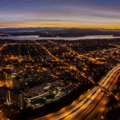 View East Seattle Sunrise To order a print please email me at  Mike Reid Photography : seattle, sky view observatory, svo, zeiss lenses, columbia center, urban, sunrise, fog, sunset, puget sound, elliott bay, space needle, northwest, washington, rainier