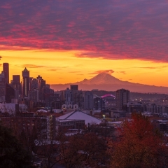 Seattle Kerry Park Photography Sunrise Curve Panorama.jpg To order a print please email me at  Mike Reid Photography : sunset, sunrise, seattle, northwest photography, dramatic, beautiful, washington, washington state photography, northwest images, seattle skyline, city of seattle, puget sound, aerial san juan islands