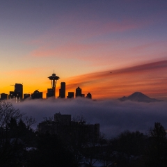 Seattle in the Fog at Sunrise.jpg To order a print please email me at  Mike Reid Photography : sunset, sunrise, seattle, northwest photography, dramatic, beautiful, washington, washington state photography, northwest images, seattle skyline, city of seattle, puget sound, kerry park