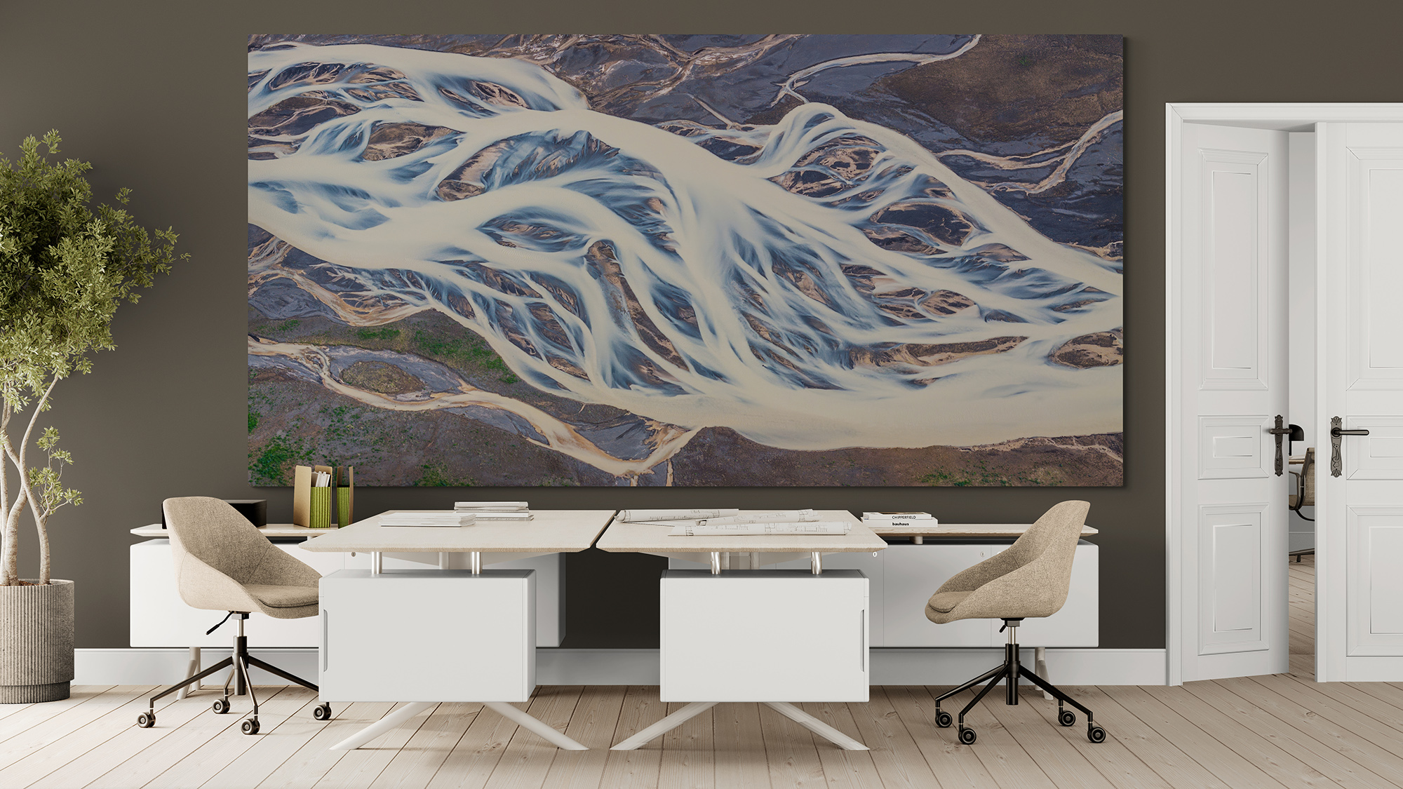 Abstract Icelandic braided river aerial photograph displayed in a contemporary office