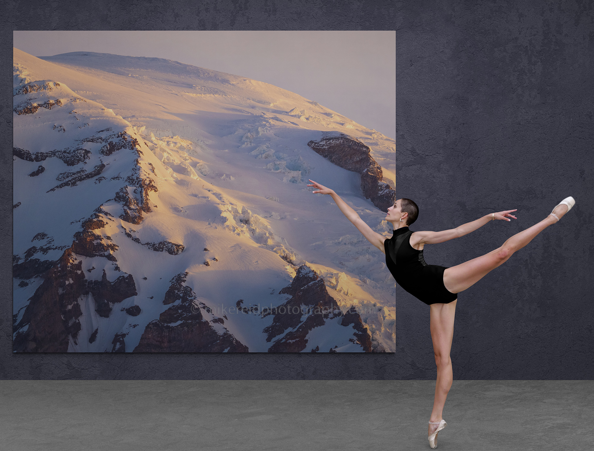 Gallery installation concept with a ballet dancer and large mountain photograph