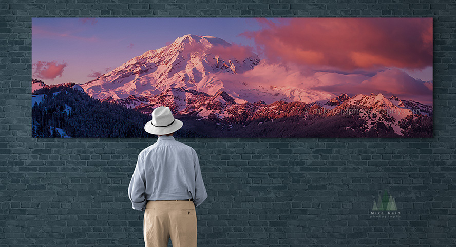 Gallery-scale Mount Rainier photographic installation visualization with person for scale