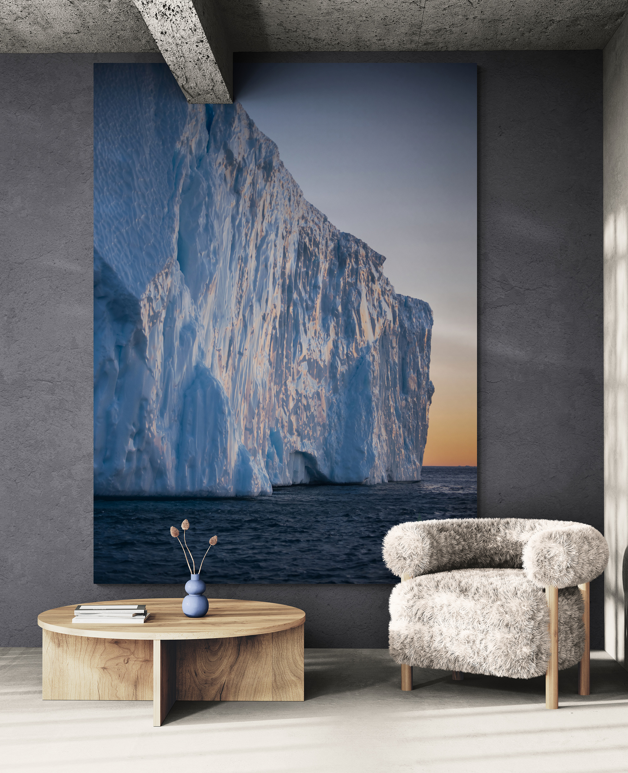 Tall Greenland iceberg photographic wall artwork in a contemporary interior