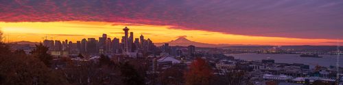 Seattle Kerry Park Photography Sunrise Curve Panorama A breathtaking wider panorama of Seattle bathed in fall light as a vast carpet of sunrise clouds stretches across the sky. The Space Needle and downtown skyline...