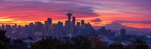 Seattle Photography Kerry Park Sunrise Skies A breathtaking Seattle sunrise mid Panorama captured from iconic Kerry Park, showcasing the Space Needle, downtown skyline, and distant Mount Rainier bathed in...