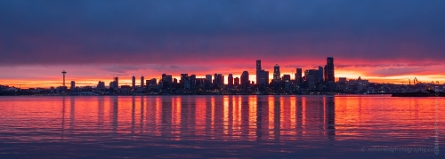 Seattle Skyline from Alki Fiery Sunrise Seattle's waterfront presents numerous photo opportunities. Views of the Olympic Mountains, Elliott Bay, Puget Sound, Alki Point and back at the Seattle skyline...