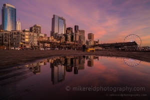 Seattle Sunset Pier Reflecting Pool Seattle's waterfront presents numerous photo opportunities. Views of the Olympic Mountains, Elliott Bay, Puget Sound, Alki Point and back at the Seattle skyline...