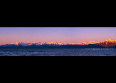 Alpenglow Across the Alaska Coast Range Warm sunset light catches the snow-covered peaks of Alaska’s Coast Range, turning the mountains pink and gold above the cold blue water. The panoramic...