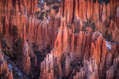 Bryce Canyon Sandstone Spires and Hoodoos in Soft Winter Light A detailed telephoto view of the towering sandstone hoodoos in Bryce Canyon National Park, Utah. Layers of orange, coral, and pale pink rock spires rise closely...