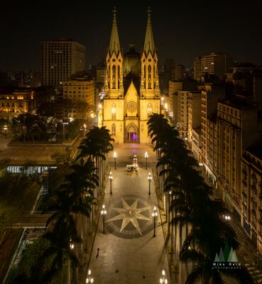 São Paulo Metropolitan Cathedral at Night An elevated nighttime view of the São Paulo Metropolitan Cathedral, also known as Sé Cathedral, glowing above Praça da Sé in the historic center of São Paulo,...