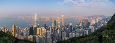 Hong Kong Skyline and Victoria Harbour in Golden Light Warm sunlight illuminates the densely packed skyscrapers of Hong Kong Island, viewed from the green slopes above the city near Victoria Peak. Victoria Harbour...