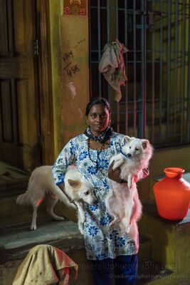 Woman with Her Dogs in Chennai India A woman stands with two white dogs in the warm, dim light of a doorway in Chennai, India. Colorful architectural details, a bright red water vessel, and the...