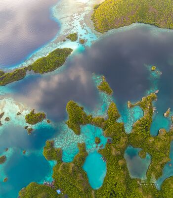 Piaynemo Lagoons and Cloud Reflections from Above A high vertical aerial panorama over Piaynemo in Raja Ampat, Indonesia, revealing a labyrinth of forested karst islands, brilliant turquoise lagoons, shallow...