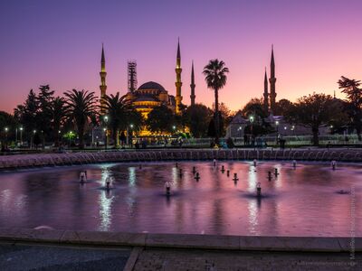 Blue Mosque at Dusk with Fountain Reflections Istanbul The historic Blue Mosque, also known as Sultan Ahmed Mosque, glows beneath a beautiful pink and violet twilight sky in Istanbul, Turkey. Illuminated domes and...