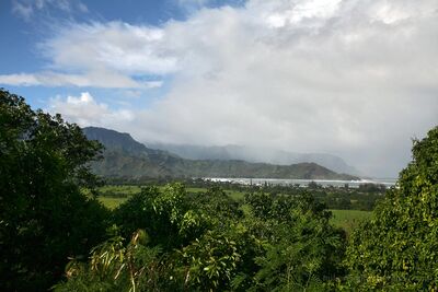 Here Comes the Rain Over Hanalei Bay Kauai Hawaii An approaching tropical rainstorm sweeps across Hanalei Bay on the north shore of Kauai, Hawaii. Dense green vegetation and sunlit fields fill the foreground,...