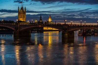 Westminster Bridge and Big Ben at Blue Hour A blue-hour view across the River Thames toward Westminster Bridge, Big Ben, and the Palace of Westminster in London, England. The bridge and historic towers...