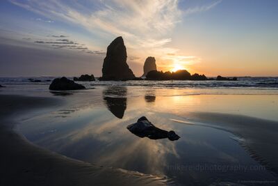 The Needles at Sunset, Cannon Beach The Needles sea stacks rise offshore at Cannon Beach, Oregon, as the setting sun reflects across a shallow tidepool and wet sand. Soft evening light, mirrored...