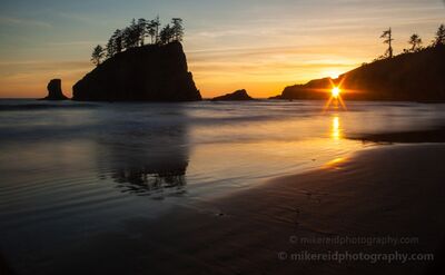 Second Beach Sunstar and Golden Reflection The setting sun shines through the Hole in the Wall at Second Beach on Washington’s Olympic Coast, creating a bright sunstar and a long golden reflection across...