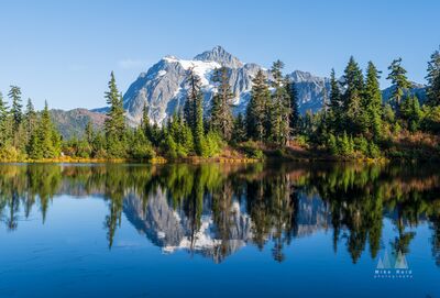 Mount Shuksan and Autumn Reflections at Picture Lake Mount Shuksan rises above the calm waters of Picture Lake in Washington's North Cascades, its rugged, snow-covered slopes reflected among evergreen trees and...