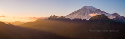Aerial Mount Rainier Sunrays Panorama