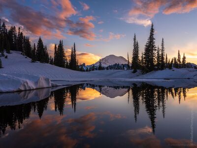 Sunset Clouds Reflected in a Thawing Tipsoo Lake Soft pink and peach sunset clouds reflect in the still, partially thawed waters of Tipsoo Lake near Chinook Pass, Washington. Lingering snow blankets the alpine...
