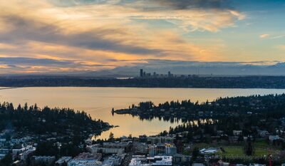 Aerial Lake Washington Seattle Sunset.jpg Aerial evening view from Bellevue across Meydenbauer Bay and Lake Washington toward the Seattle skyline. The wooded shoreline of Medina frames the foreground...